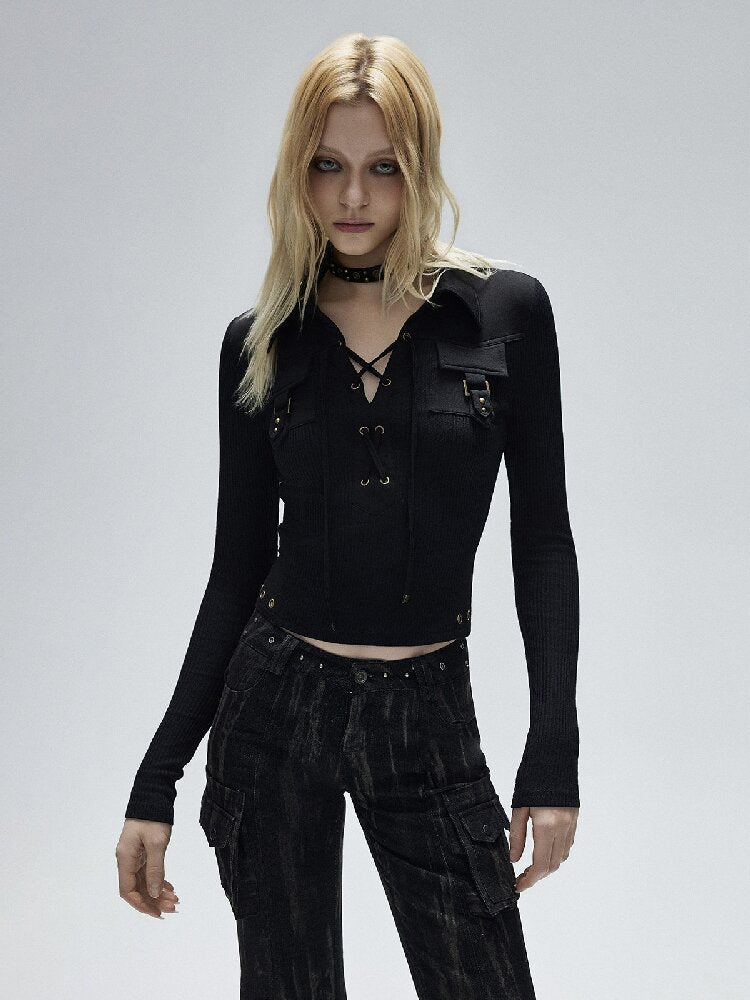Black Pitted Drawstring Shirt Top【s0000016253】