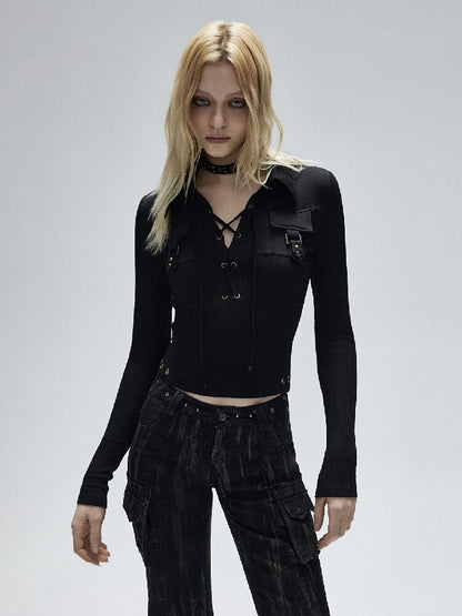 Black Pitted Drawstring Shirt Top【s0000016253】