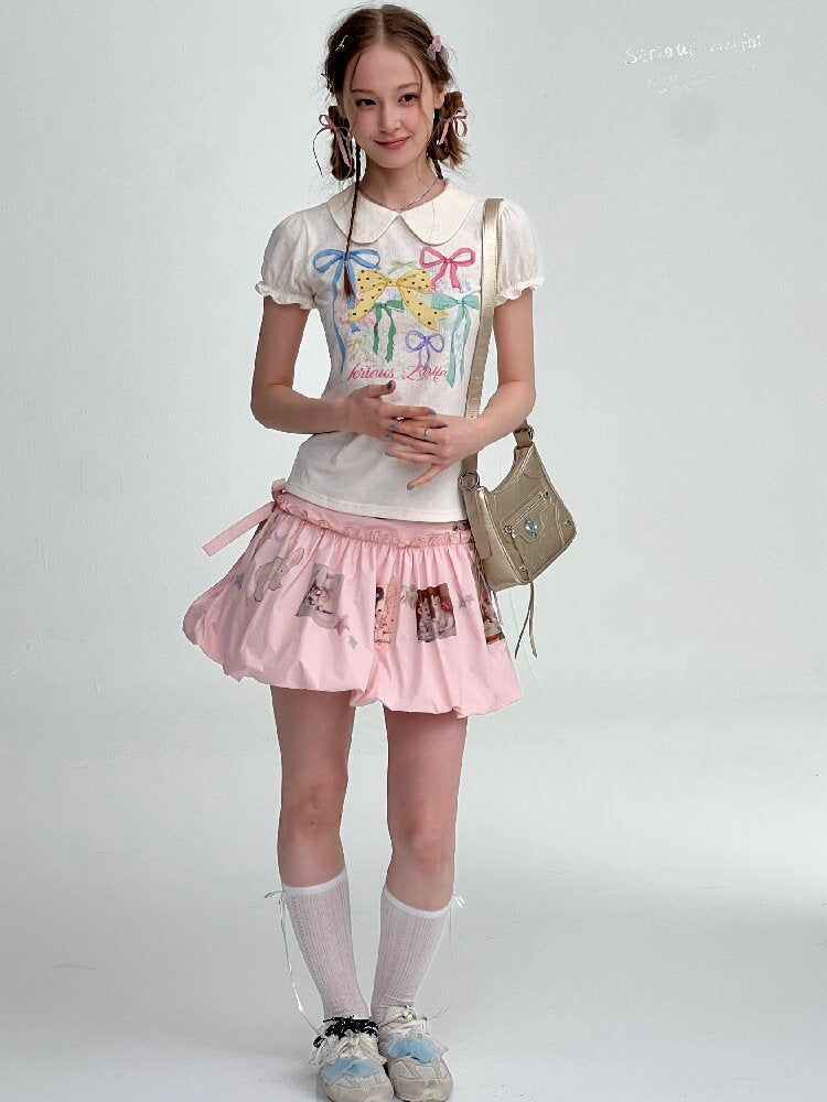 Puff Sleeve Bow Print T-Shirt【s0000016617】