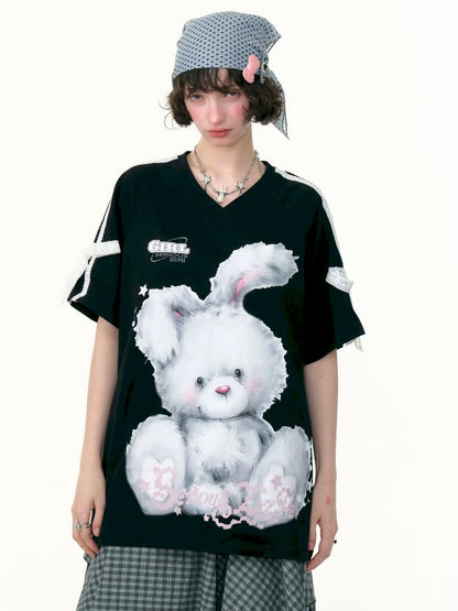 Rabbit print v-neck black short sleeve t-shirt【s0000013380】