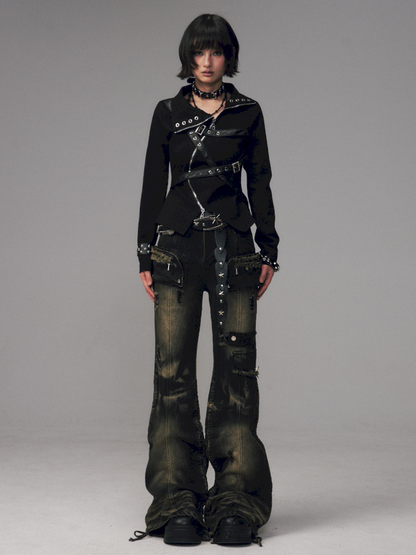 Punk Vintage Washed Drawstring Flared Pants【s0000014706】