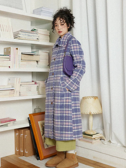 Plaid Long Purple Wool Coat【s0000013986】