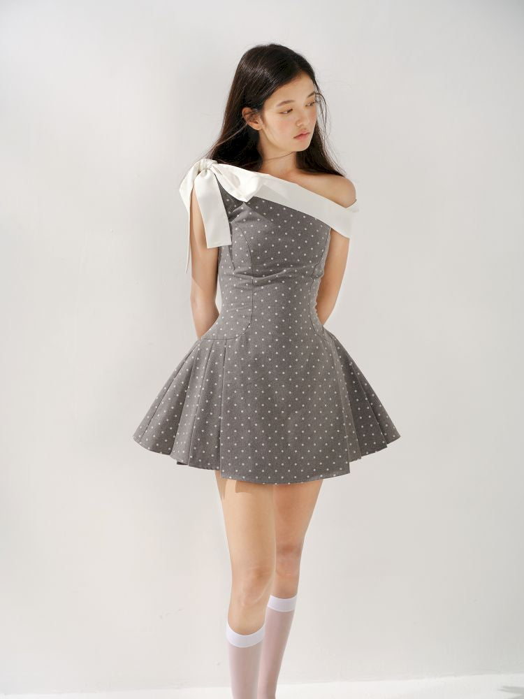 Polka Dot Slant Shoulder Niche Dress【s0000013249】
