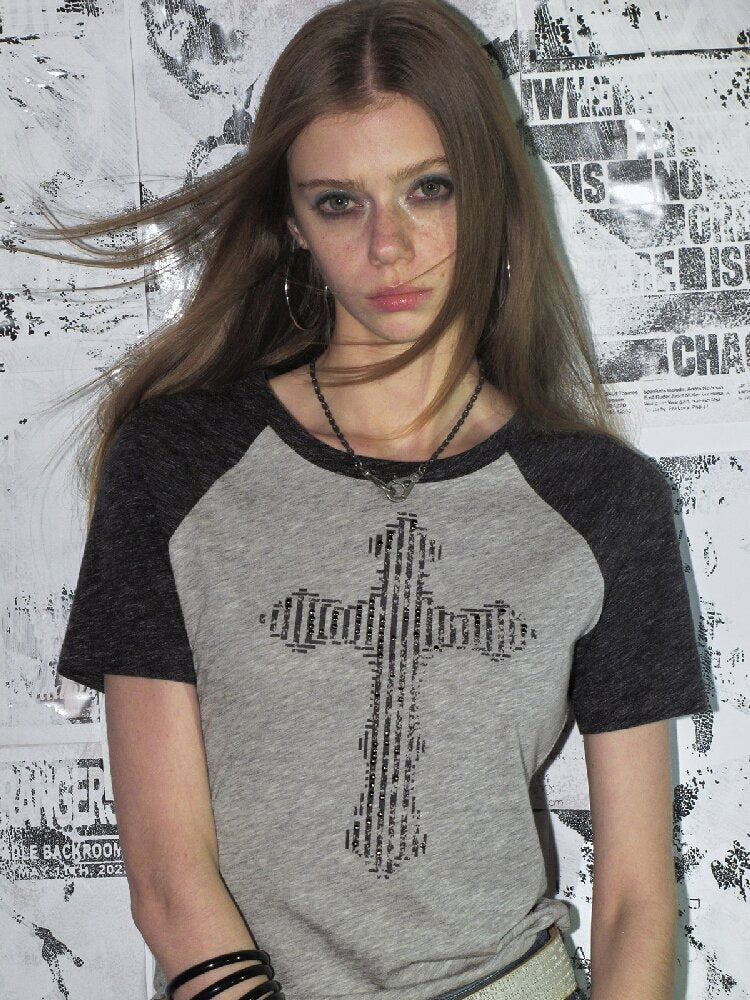 Cross Raglan Shaded Flower T-shirt【s0000016897】