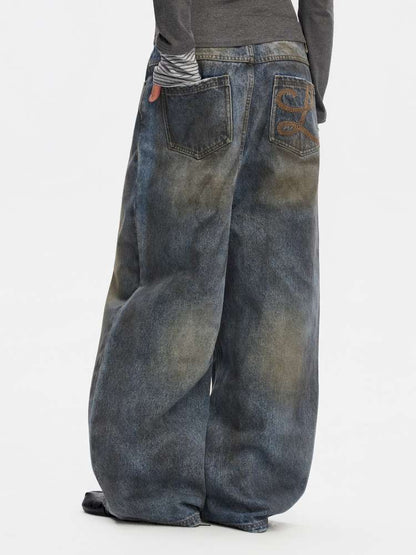 Vintage Yellow Mud Distressed Wide-Leg Jeans【s0000014873】