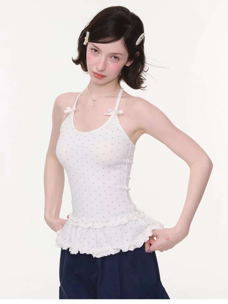 Lace Bow Polka Dot Halter Vest【s0000015432】