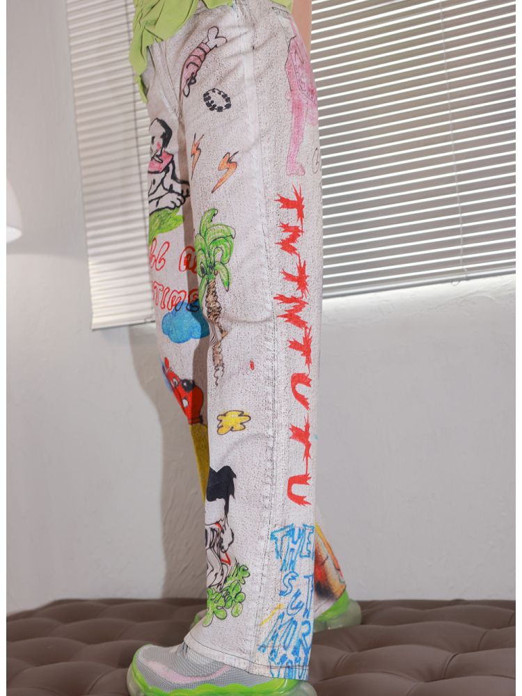 White Graffiti Denim Trousers【s0000013337】