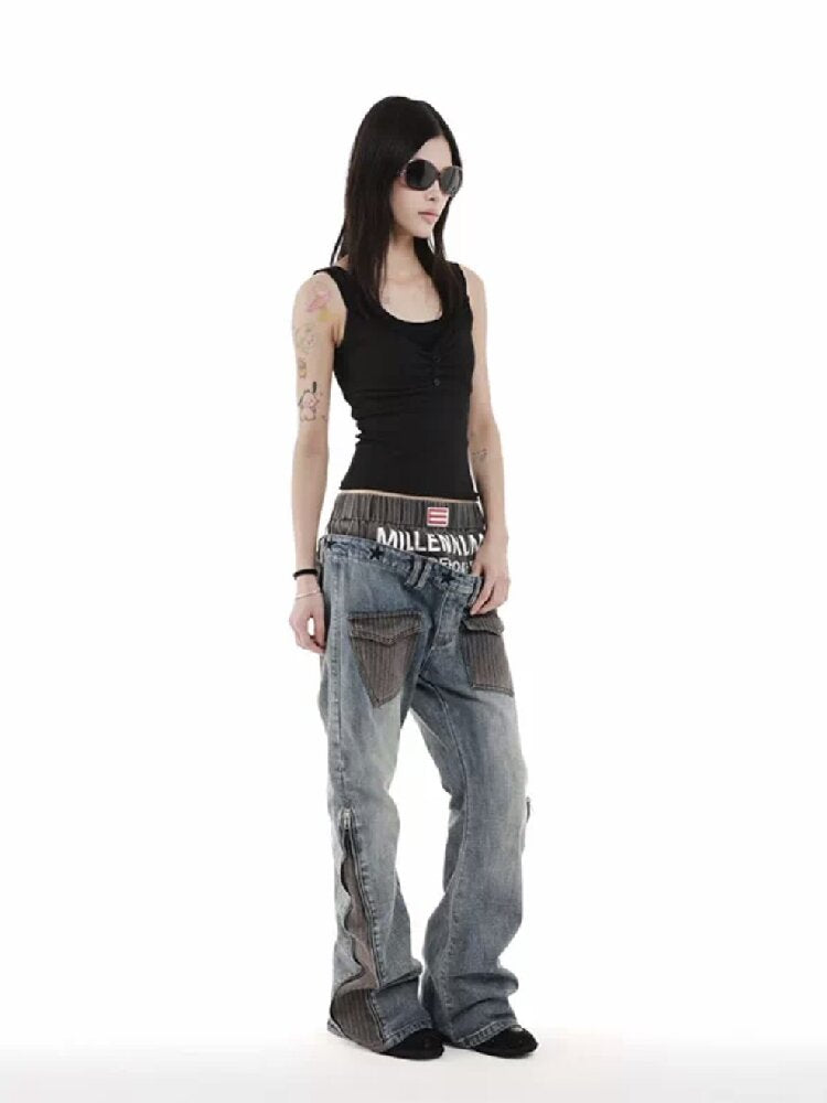 Double Waist Embroidered Baggy Jeans【s0000018246】