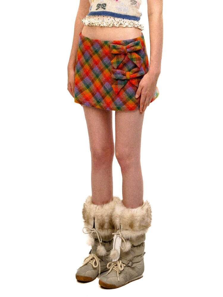 Pure Wool Colored Check Bow Skirt【s0000016089】