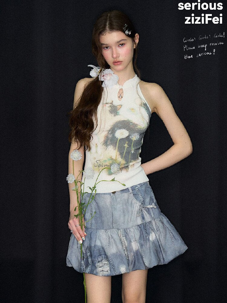 Halter Neck Cat Print Knit Vest【s0000017313】