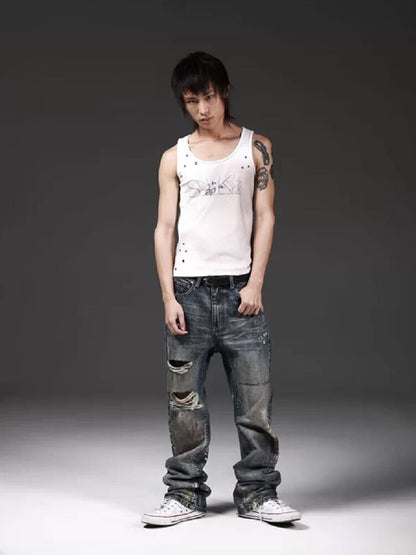 Rust Blue Oil Stained Flared Jeans【s0000018299】