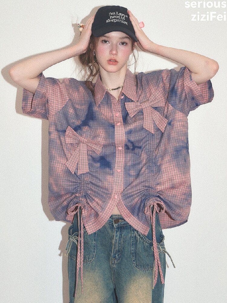 Distressed Plaid Bow Short Sleeve Shirt【s0000017755】