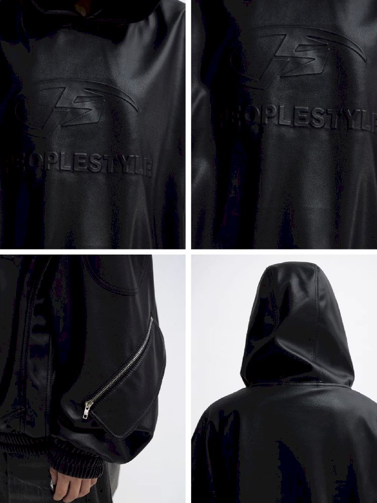 PU Leather Black Hooded Sweatshirt【s0000011348】