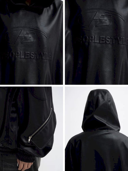 PU Leather Black Hooded Sweatshirt【s0000011348】