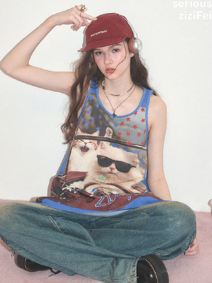 American Cat Print Vintage Tank Dress【s0000017676】