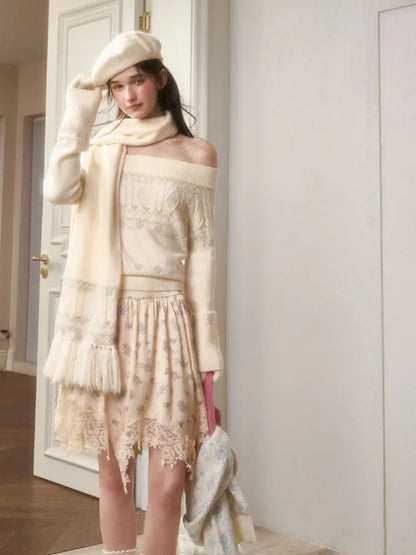 Fresh and Soft Cotton Sweater, Scarf, Floral Skirt【s0000014323】