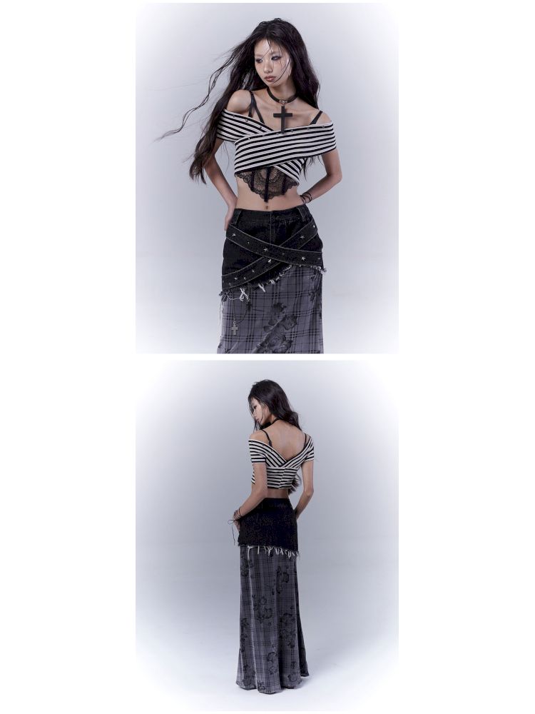 One-shoulder striped hot bustier top【s0000012839】