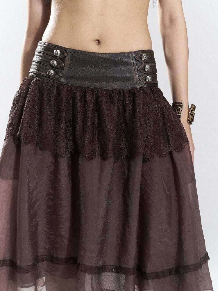 Vintage PU Leather Mesh Umbrella Skirt【s0000018474】