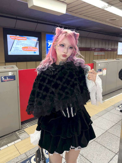 Bow Black Velvet Paneled Lace Dress【s0000014680】