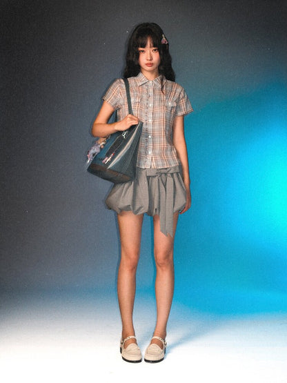 Vintage Plaid Lace Short Sleeve Shirt【s0000017437】