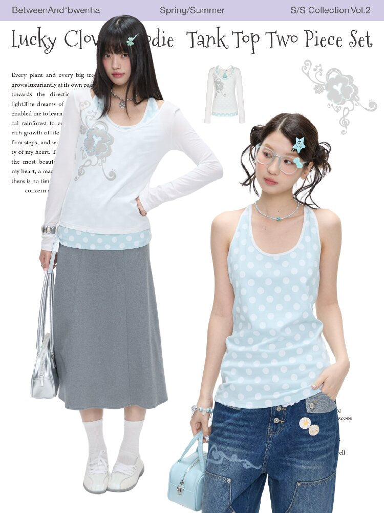 Mint Polka Dot Vest Two Piece Top【s0000016401】