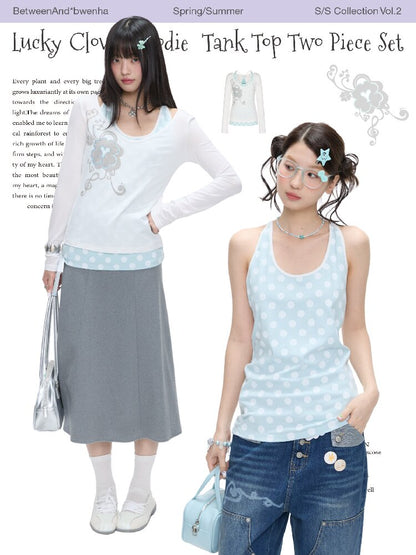 Mint Polka Dot Vest Two Piece Top【s0000016401】