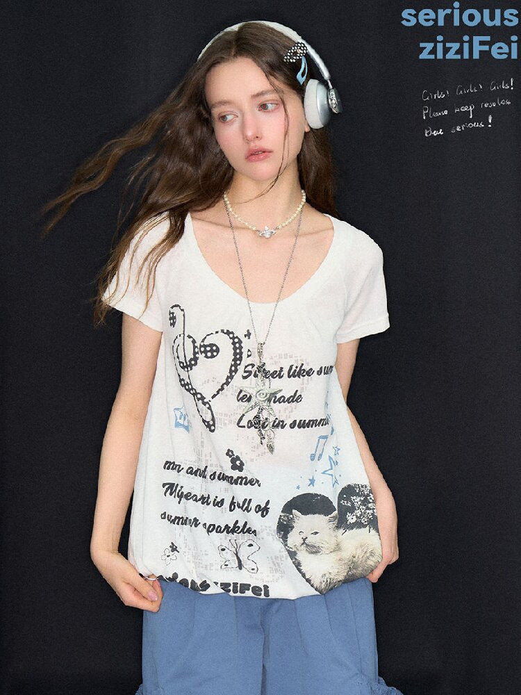 Summer Cat Print Short Sleeve T Shirt【s0000017255】