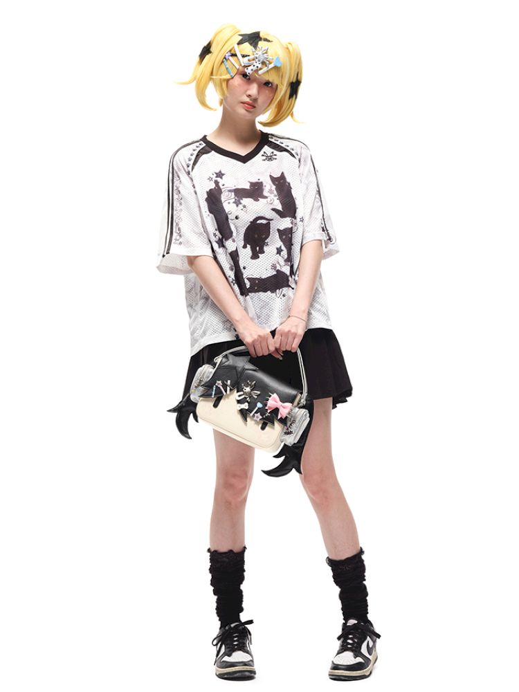 Black cat print shoulder sleeve t-shirt【s0000012586】