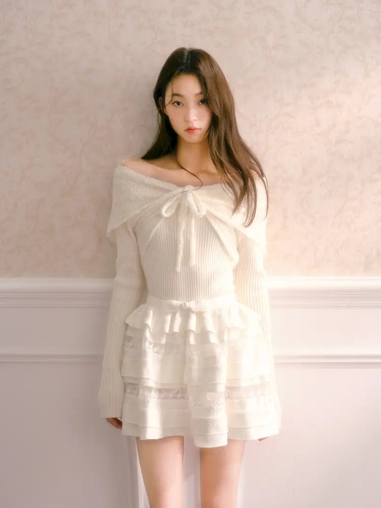 Bow-Tie Slim-Fit Long-Sleeve Knit Top【s0000014339】