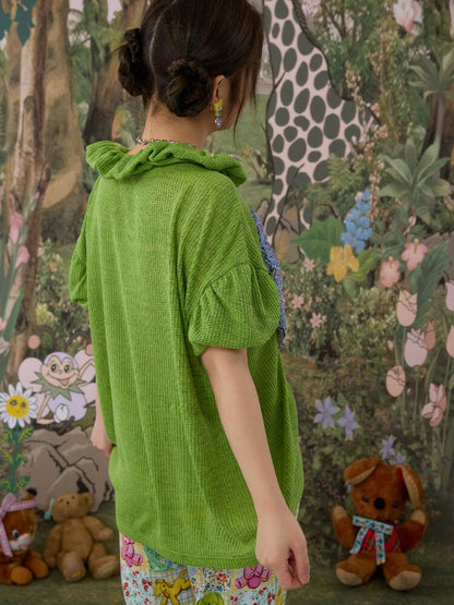 Hand Painted Print Lace Pleated Top【s0000017121】