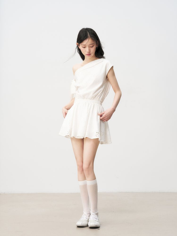 French Hollow Flower Slant Shoulder Dress【s0000013236】