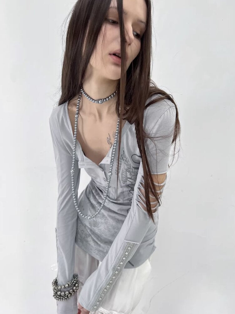 Long Sleeved Ripped Punk Print Tee【s0000015912】