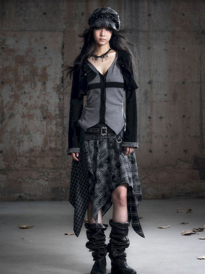 Hooded False Two Black Gray Knit Cardigan【s0000013890】