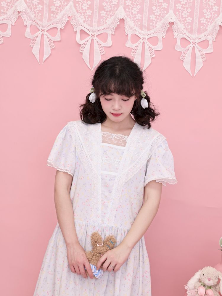 Lace Navy Neck Blue Dress【s0000013495】