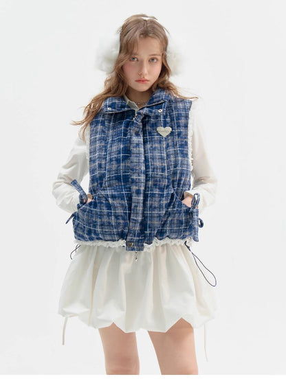 Checkered Splicing Lace Cotton Vest【s0000011504】