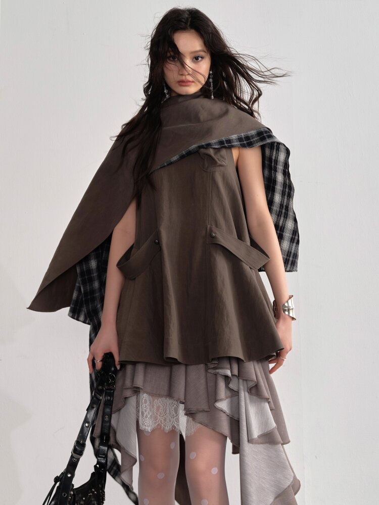 Earth Color Detachable Cape Sundress【s0000015692】