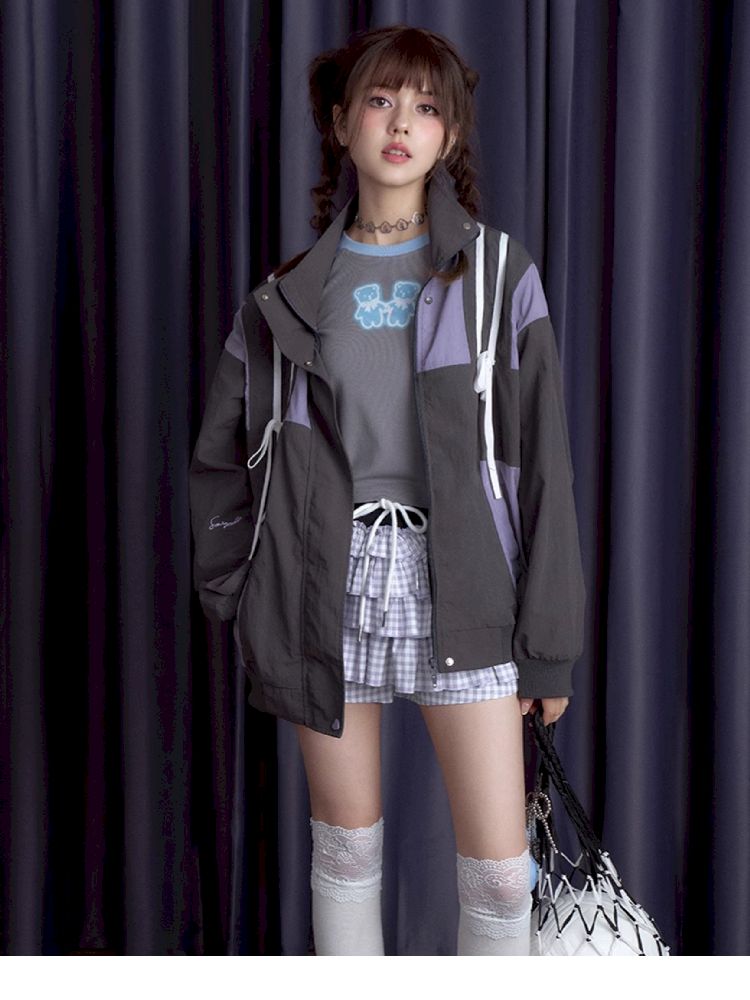 Gray Purple Loose Waterproof Jacket【s0000010117】