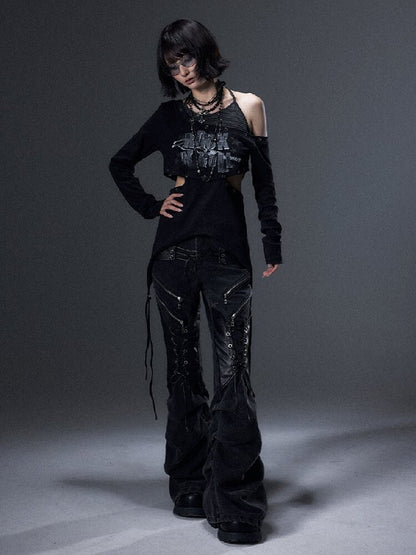 Punk Striped Halter Long-Sleeve T【s0000018003】