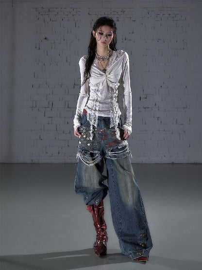 Nostalgic Print Fake Two Denim【s0000015931】