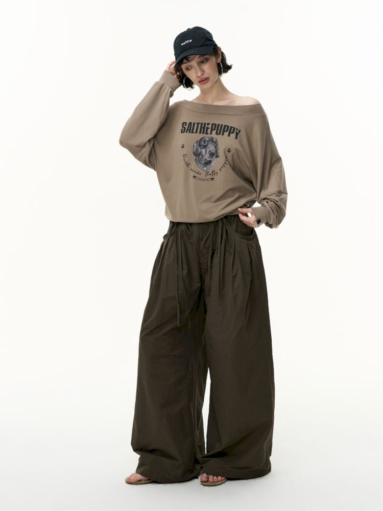 Puppy Printed Slant Shoulder Long Sleeve T-Shirt【s0000013744】