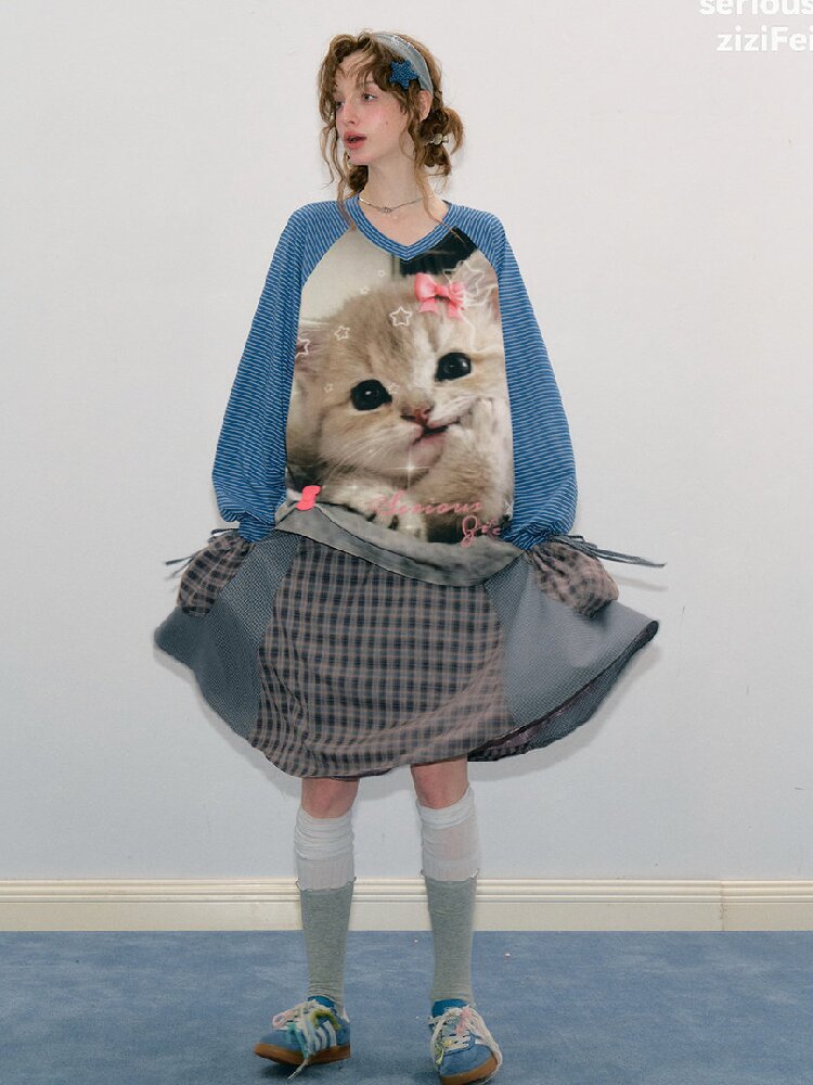 Striped Cat Print Sweatshirt Top【s0000017881】