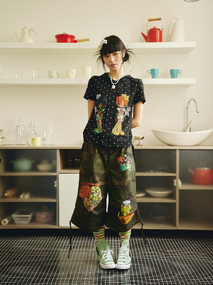Polka Dot Hooded Short Sleeve Zip T-Shirt【s0000018695】