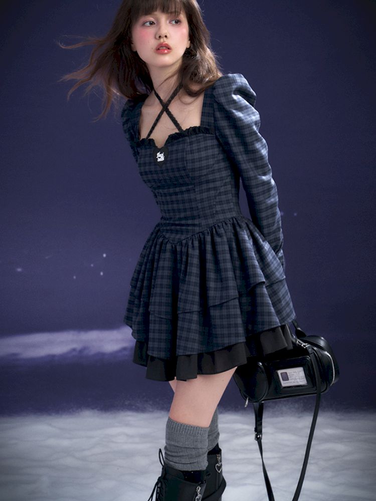 Check Neck Cake Dress【s0000011659】