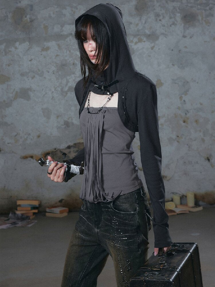 Distressed Hooded Tassel Top【s0000018104】
