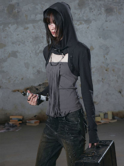 Distressed Hooded Tassel Top【s0000018104】