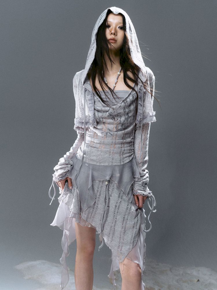 Ruffle Misty Blue Hooded Tunic【s0000012642】