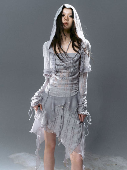 Ruffle Misty Blue Hooded Tunic【s0000012642】