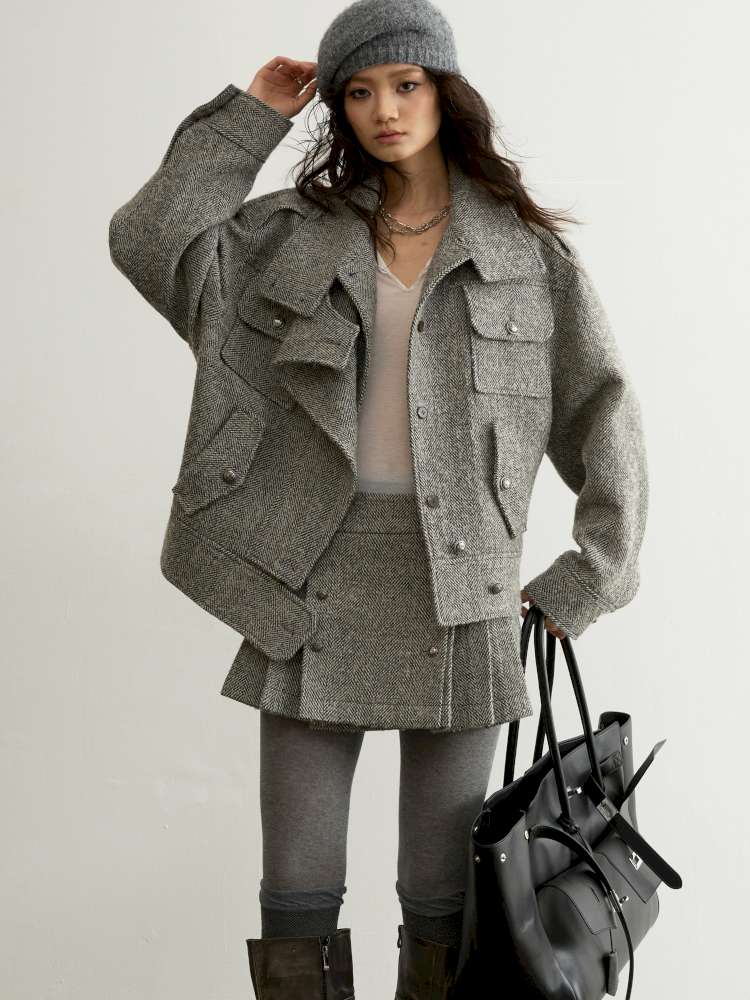 Herringbone Woolen Silhouette Jacket【s0000015193】