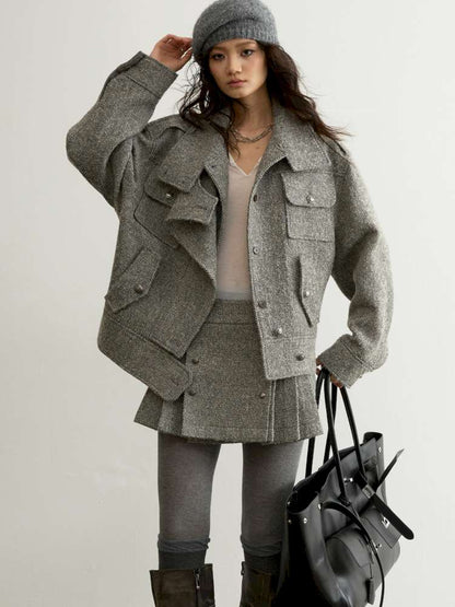 Herringbone Woolen Silhouette Jacket【s0000015193】