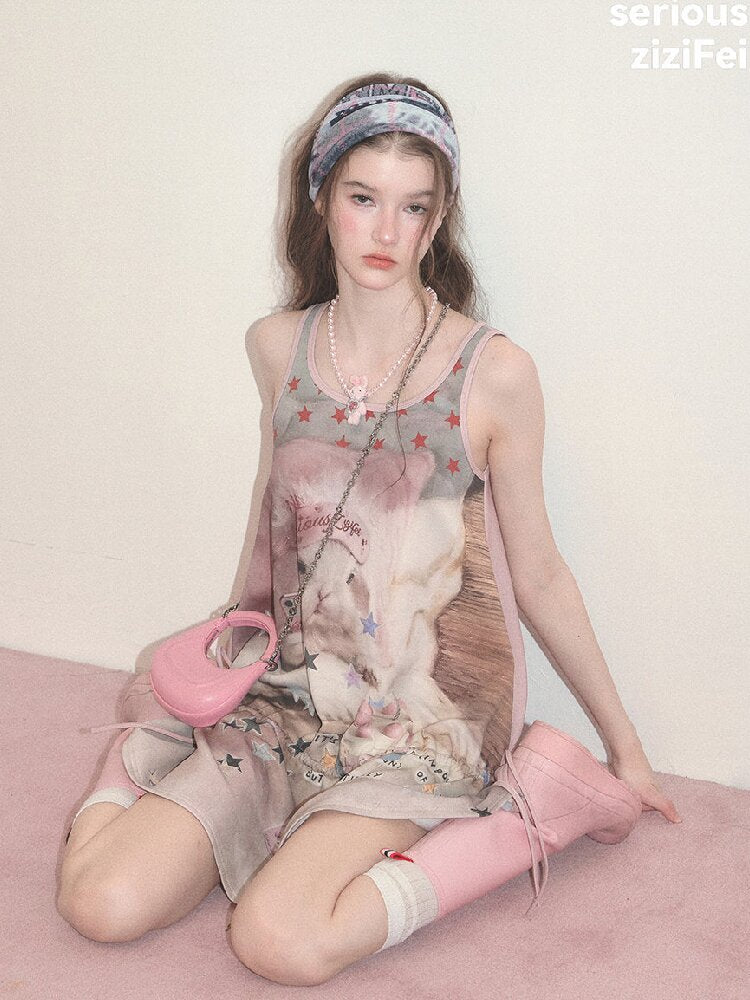 American Cat Print Vintage Vest Dress【s0000017680】